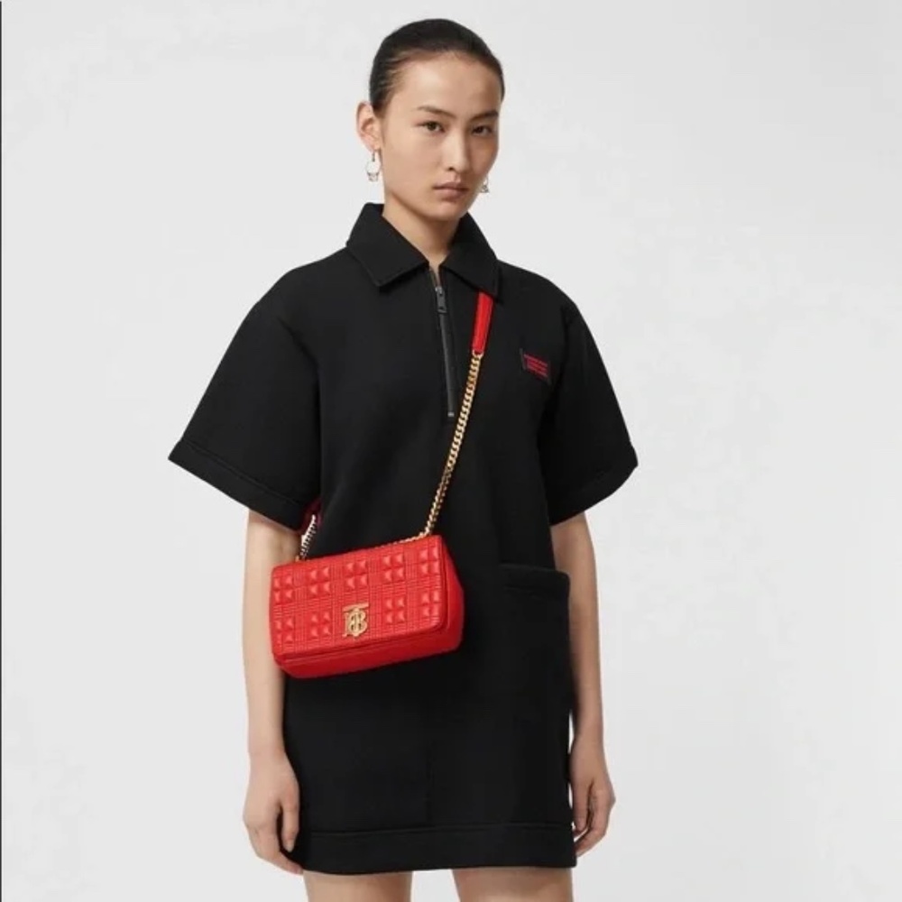 Burberry Lola Bag Bright Red Leather Quilted Check Gold Chain Strap Small - Picture 2 of 16